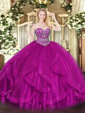 Glittering Fuchsia Sleeveless Floor Length Beading and Ruffles Lace Up Quinceanera Gown