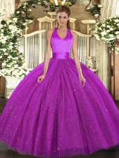 Fuchsia Ball Gowns Halter Top Sleeveless Tulle Floor Length Lace Up Sequins Quinceanera Gowns