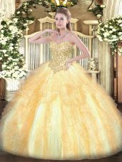 Champagne Organza Lace Up Sweetheart Sleeveless Floor Length 15th Birthday Dress Appliques and Ruffles