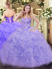 Floor Length Lace Up 15 Quinceanera Dress Lavender for Sweet 16 and Quinceanera with Appliques and Ruffles