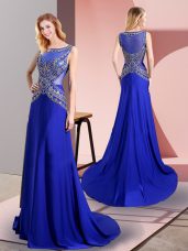 Elegant Royal Blue Side Zipper Prom Evening Gown Beading Sleeveless Floor Length Sweep Train