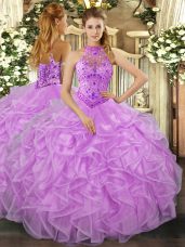Custom Fit Floor Length Lace Up Quince Ball Gowns Lavender for Sweet 16 and Quinceanera with Beading and Ruffles