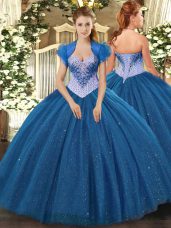 Fancy Navy Blue Ball Gowns Tulle Sweetheart Sleeveless Beading and Sequins Floor Length Lace Up Quince Ball Gowns