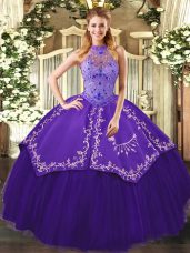 Tulle Halter Top Sleeveless Lace Up Beading and Embroidery Quinceanera Gowns in Purple