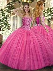 Extravagant Sweetheart Sleeveless Tulle Quince Ball Gowns Beading Lace Up