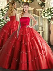 Beauteous Red Sleeveless Tulle Lace Up Quinceanera Gown for Military Ball and Sweet 16 and Quinceanera