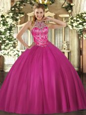 Halter Top Sleeveless Sweet 16 Dresses Floor Length Beading Hot Pink Satin