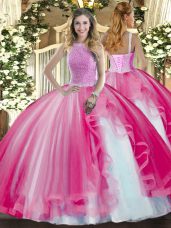 Beading and Ruffles Quinceanera Dresses Hot Pink Lace Up Sleeveless Floor Length