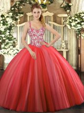 Luxurious Sleeveless Floor Length Beading and Appliques Lace Up 15 Quinceanera Dress with Coral Red