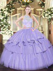 Smart Floor Length Lavender Quince Ball Gowns Organza Sleeveless Lace and Ruffled Layers