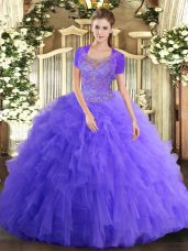 Stylish Floor Length Clasp Handle Sweet 16 Quinceanera Dress Lavender for Military Ball and Sweet 16 and Quinceanera with Beading and Ruffled Layers