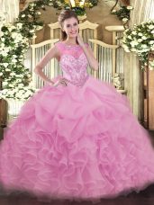 Perfect Floor Length Lilac Ball Gown Prom Dress Organza Sleeveless Beading and Ruffles