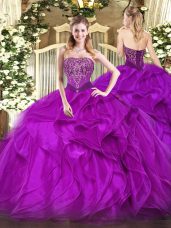 Admirable Purple Organza Lace Up Quinceanera Dress Sleeveless Floor Length Beading and Ruffles