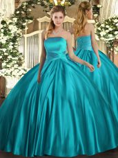 Nice Teal Ball Gowns Satin Strapless Sleeveless Ruching Floor Length Lace Up Quinceanera Gown