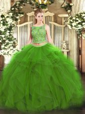 Two Pieces Sweet 16 Dress Green Scoop Tulle Sleeveless Floor Length Lace Up