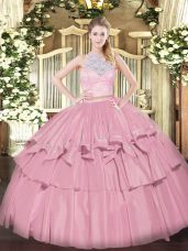 Floor Length Zipper Quinceanera Dresses Baby Pink for Military Ball and Sweet 16 and Quinceanera with Lace and Ruffled Layers