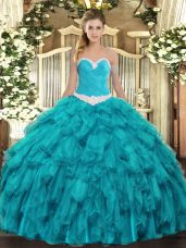 Sleeveless Organza Floor Length Lace Up Quinceanera Gown in Teal with Appliques and Ruffles