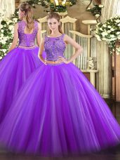 Pretty Floor Length Eggplant Purple Quinceanera Gown Scoop Sleeveless Lace Up