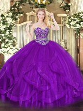 Gorgeous Floor Length Eggplant Purple Sweet 16 Dress Sweetheart Sleeveless Lace Up