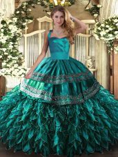 On Sale Turquoise Organza Lace Up Quinceanera Dress Sleeveless Floor Length Embroidery and Ruffles