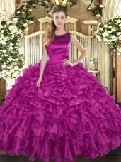 Custom Design Fuchsia Ball Gowns Scoop Sleeveless Organza Floor Length Lace Up Ruffles Sweet 16 Dresses
