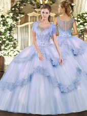 Custom Designed Lavender Ball Gowns Scoop Sleeveless Tulle Floor Length Clasp Handle Beading and Appliques Sweet 16 Dress