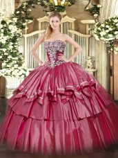 Hot Pink Sleeveless Floor Length Beading and Ruffled Layers Lace Up Sweet 16 Dress