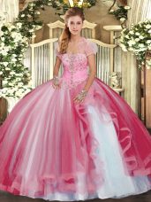 Pink Lace Up Quinceanera Gowns Beading and Ruffles Sleeveless Floor Length