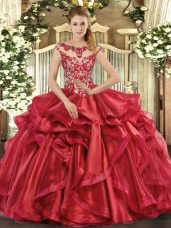 Red Ball Gowns Organza Scoop Cap Sleeves Appliques and Ruffles Floor Length Lace Up Quinceanera Dresses