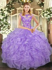 Great Lavender Scoop Neckline Beading and Appliques and Ruffles Quinceanera Gowns Cap Sleeves Lace Up