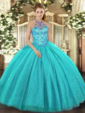 Aqua Blue Sleeveless Floor Length Beading and Embroidery Lace Up Sweet 16 Dresses