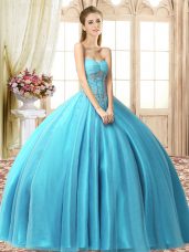 Free and Easy Aqua Blue Sleeveless Floor Length Beading Lace Up Sweet 16 Dresses