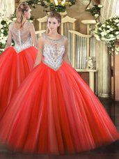 Coral Red Zipper Scoop Beading Quince Ball Gowns Tulle Sleeveless