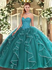 Excellent Teal Ball Gowns Beading and Ruffles Sweet 16 Quinceanera Dress Lace Up Tulle Sleeveless Floor Length