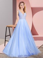 Flirting Light Blue Sleeveless Floor Length Lace Zipper Juniors Party Dress