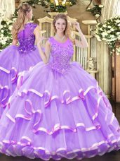 Lavender Ball Gowns Beading and Ruffled Layers Sweet 16 Quinceanera Dress Zipper Organza Sleeveless Floor Length