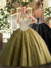 Brown Tulle Lace Up Quinceanera Dresses Sleeveless Floor Length Beading and Appliques
