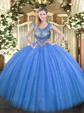Glittering Floor Length Ball Gowns Sleeveless Blue Quince Ball Gowns Lace Up