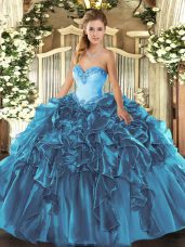 Fashion Ball Gowns 15 Quinceanera Dress Teal Sweetheart Organza Sleeveless Floor Length Lace Up