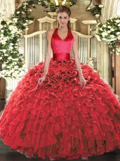 Eye-catching Red Lace Up Halter Top Ruffles Vestidos de Quinceanera Organza Sleeveless