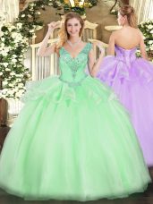 Amazing Sleeveless Tulle Floor Length Lace Up Sweet 16 Dress in Apple Green with Beading
