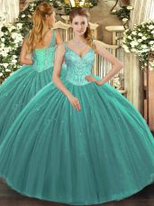 Turquoise Lace Up Quince Ball Gowns Beading Sleeveless Floor Length