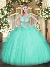 Custom Designed Scoop Sleeveless Quinceanera Dress Floor Length Beading Apple Green Tulle