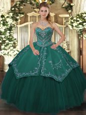 Teal Ball Gowns Taffeta and Tulle Sweetheart Sleeveless Beading Floor Length Lace Up Quinceanera Gown
