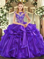 Purple Lace Up Scoop Beading and Ruffles Quinceanera Gowns Organza Cap Sleeves