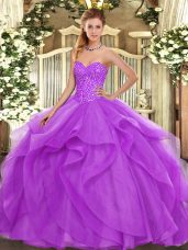Lilac Ball Gowns Beading and Ruffles Quinceanera Dresses Lace Up Tulle Sleeveless Floor Length