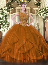 Most Popular Brown Tulle Zipper Quinceanera Dress Sleeveless Floor Length Beading and Ruffles