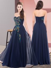 Delicate Floor Length Empire Sleeveless Navy Blue Prom Dresses Lace Up