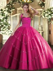 Traditional Floor Length Hot Pink Quinceanera Gown Tulle Sleeveless Appliques