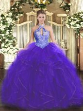 Simple Organza Sleeveless Floor Length 15th Birthday Dress and Ruffles and Sequins